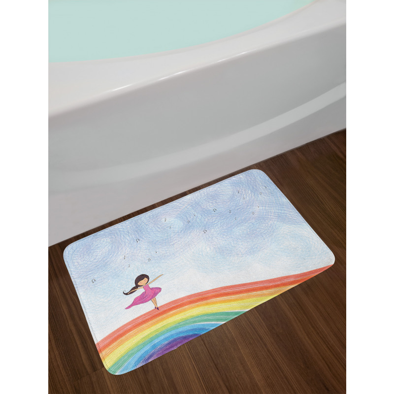 Girl Dances on Rainbow Bath Mat