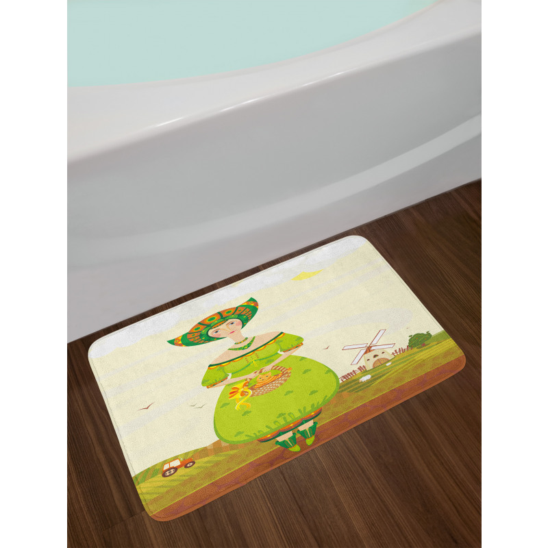 Girl and Kitten in Farm Bath Mat