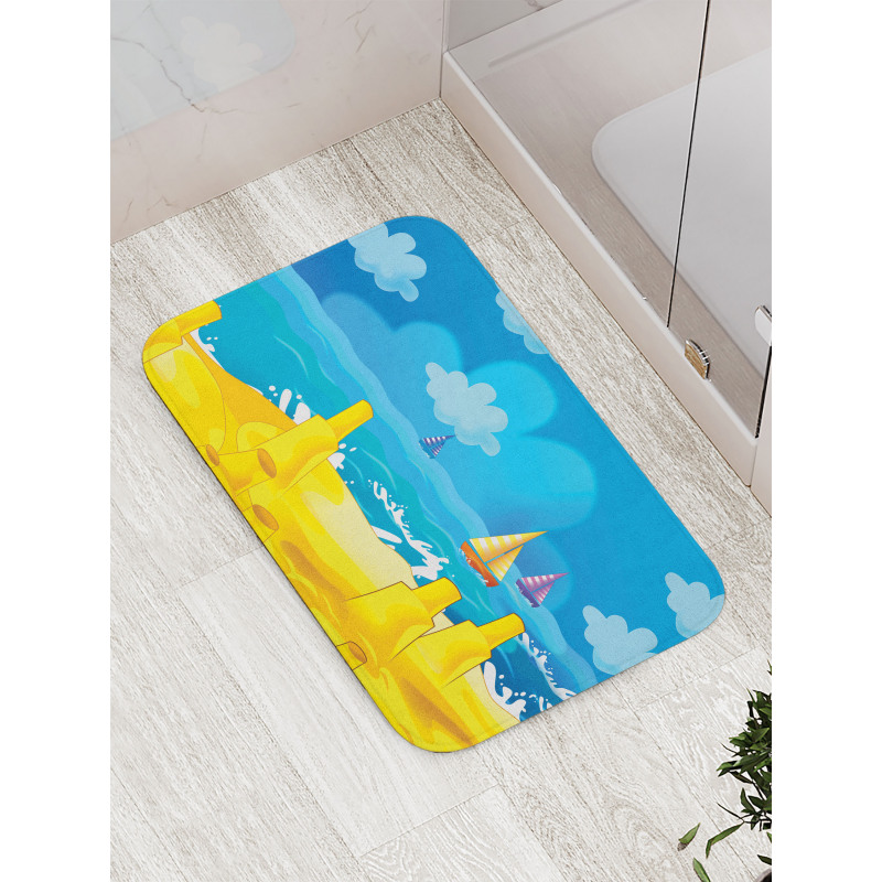 Vibrant Seaside Cartoon Scene Bath Mat