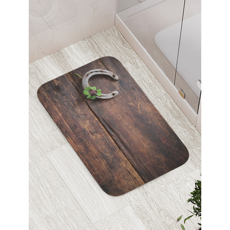 Rusty Horseshoe on Wooden Bath Mat