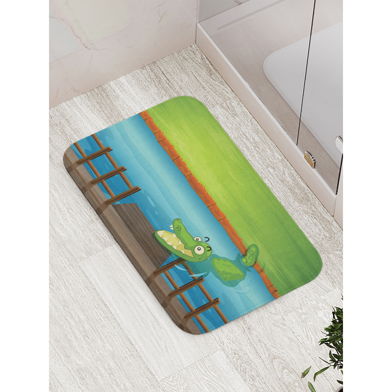 Cartoon Style River Scene Bath Mat