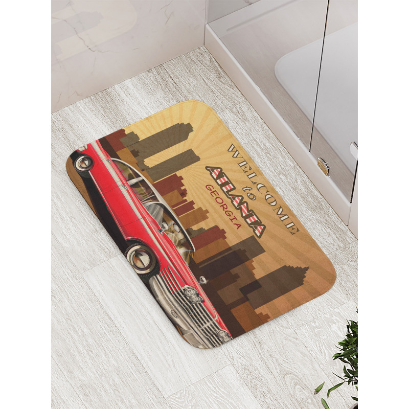 Retro Car and City Skyline Bath Mat