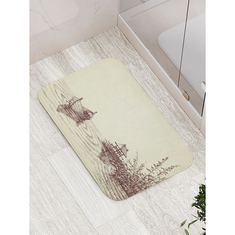 Pencil Drawn Lake and Boat Bath Mat