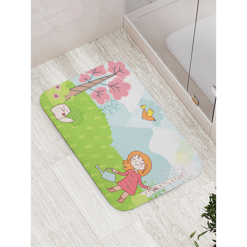 Cartoon Girl Animal in Wood Bath Mat