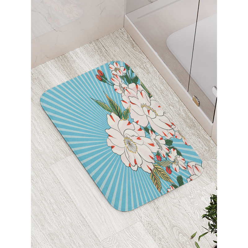 Floral Bloom on Retro Rays Bath Mat