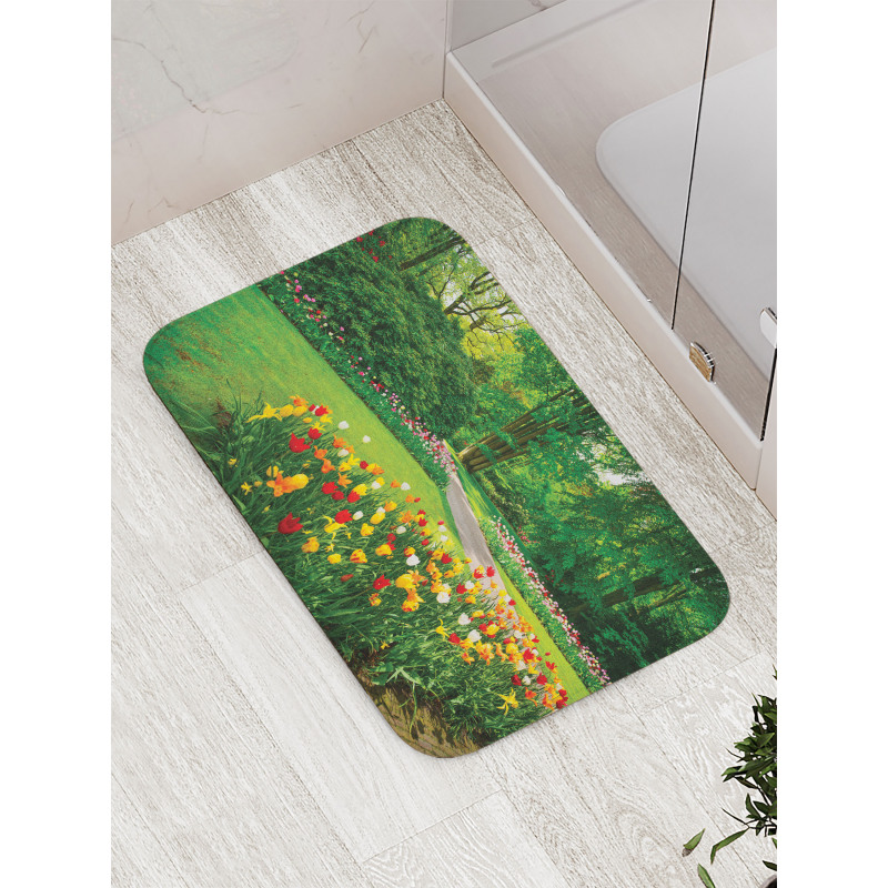 Garden with Tulips Trees Bath Mat