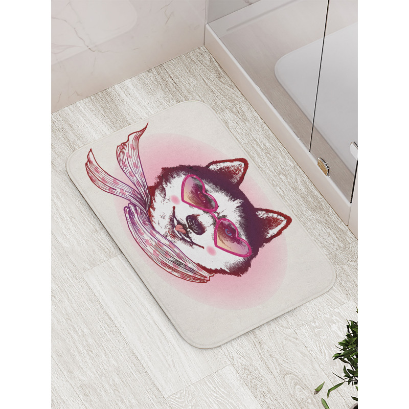 Hipster Husky Dog Hearts Bath Mat