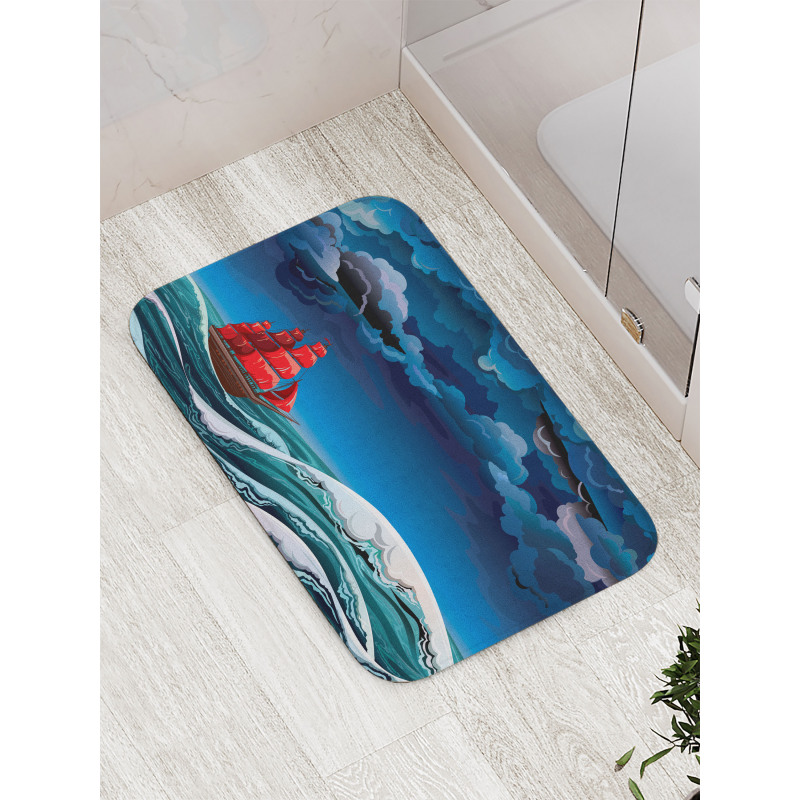 Cartoon Ship on Waves Bath Mat