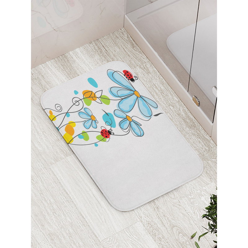 Cartoon Ladybugs Flowers Bath Mat