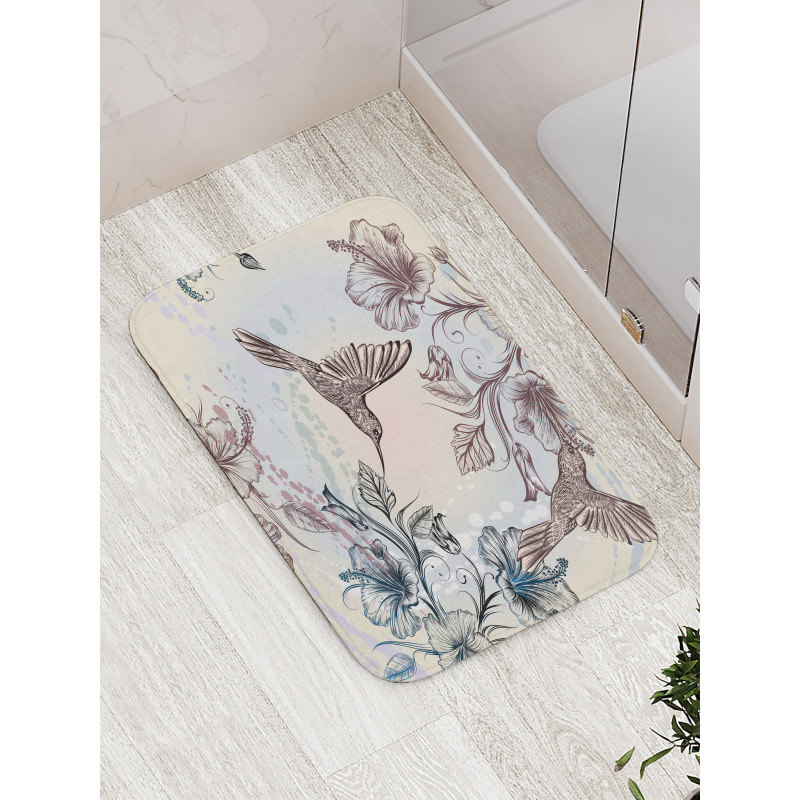 Birds Hibiscus Flowers Bath Mat