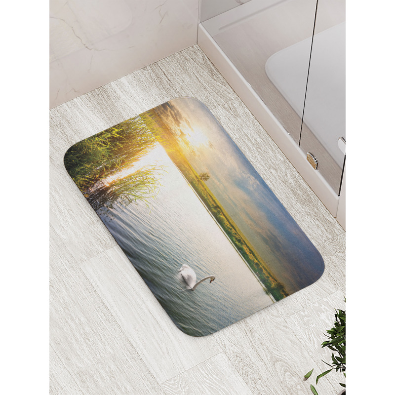 Swan in River at Dawn Photo Bath Mat