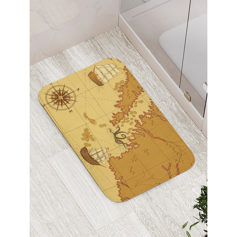 Old Map with Ship Compass Bath Mat
