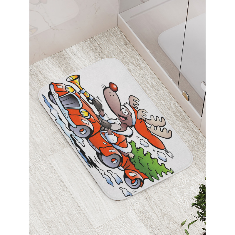 Reindeer in Red Car Bath Mat