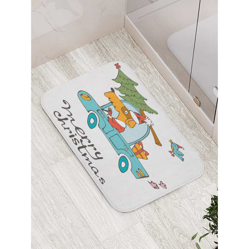 Dog in Vintage Car Bath Mat