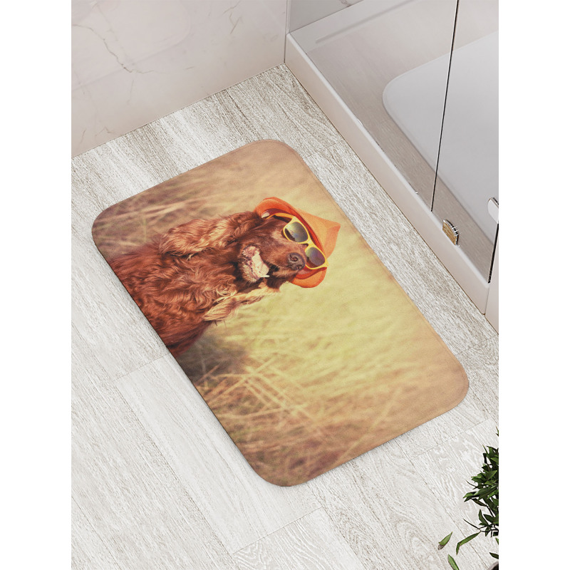 Dog Wearing Hat Glasses Bath Mat