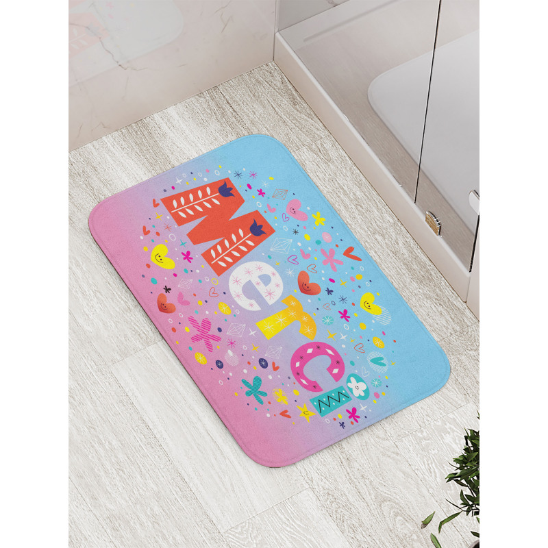 French Words with Hearts Bath Mat