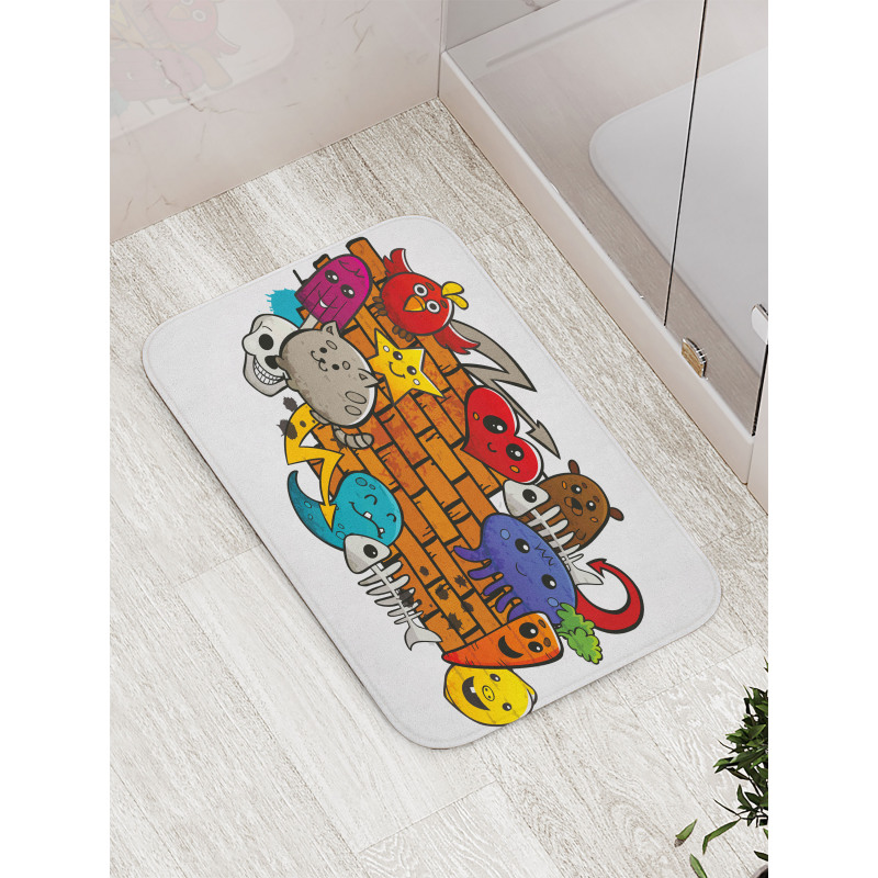 Cartoon Cat Bird Skull Bath Mat