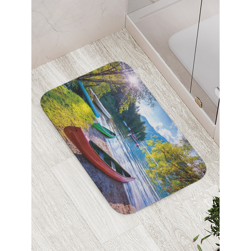 Bohinj Lake with Boats Bath Mat