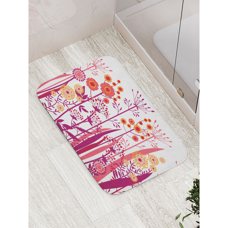 Pink Florals Leaves Buds Bath Mat