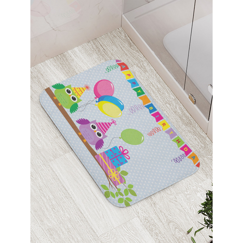 Cartoon Owl at Party Bath Mat