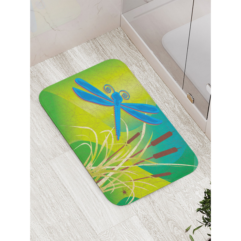 Blue Dragonfly on Green Bath Mat