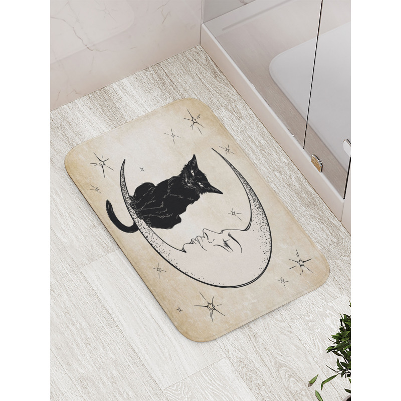 Black Cat Siting on Moon Bath Mat