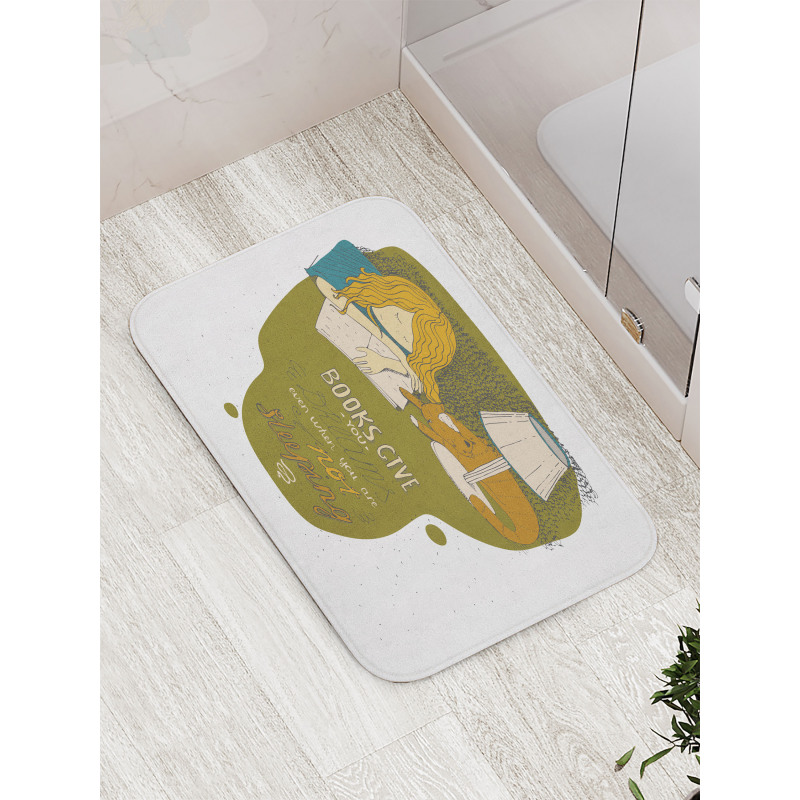 Girl and Cat Sleep on Book Bath Mat