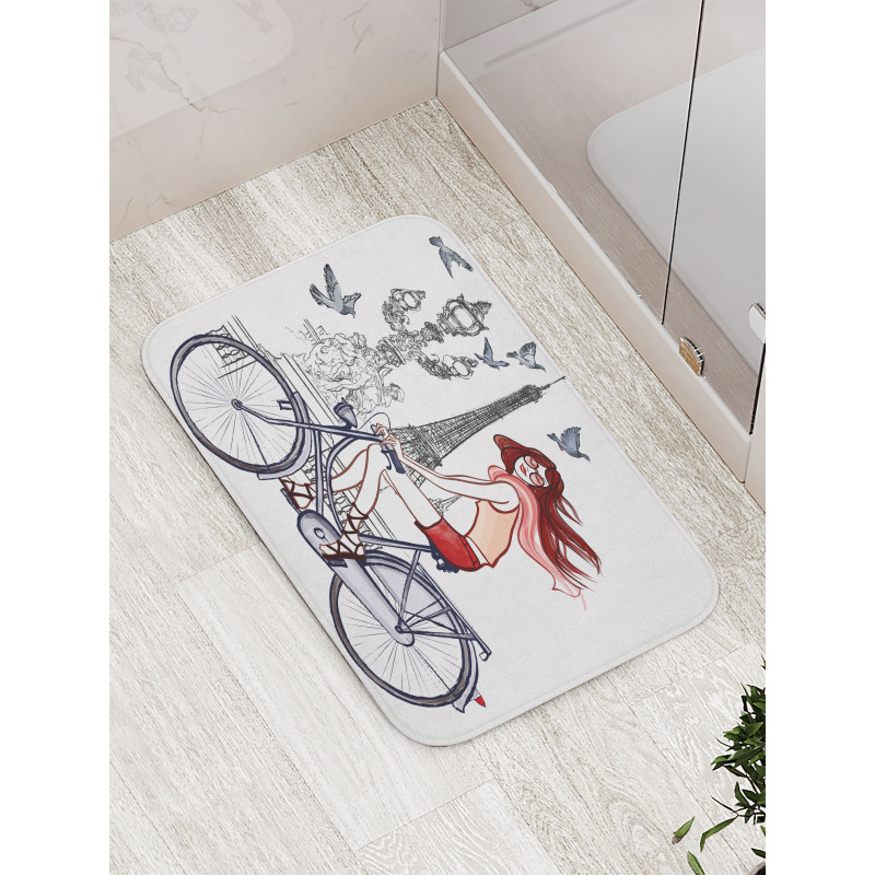 Woman on Bike Eiffel Bath Mat