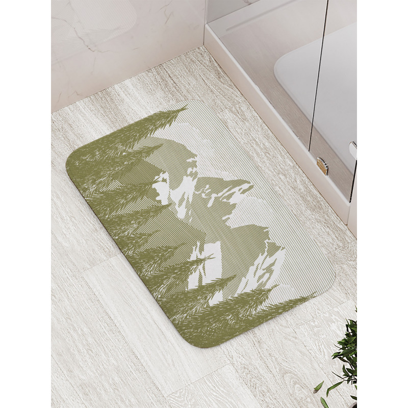 Woodcut Style Mountain Land Bath Mat