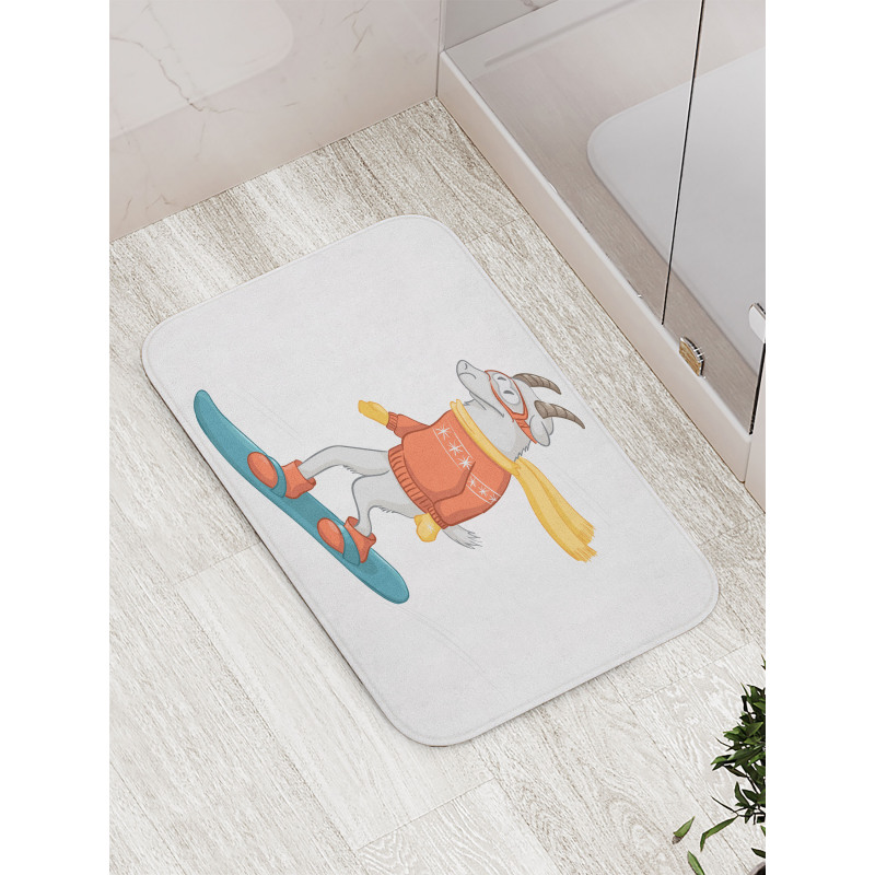 Cartoon Goat Snowboarding Bath Mat