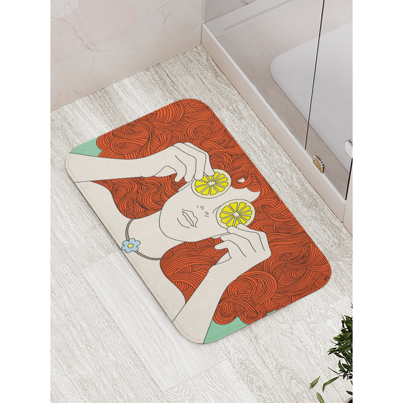 Curly Ginger Hair Girl Lemon Bath Mat