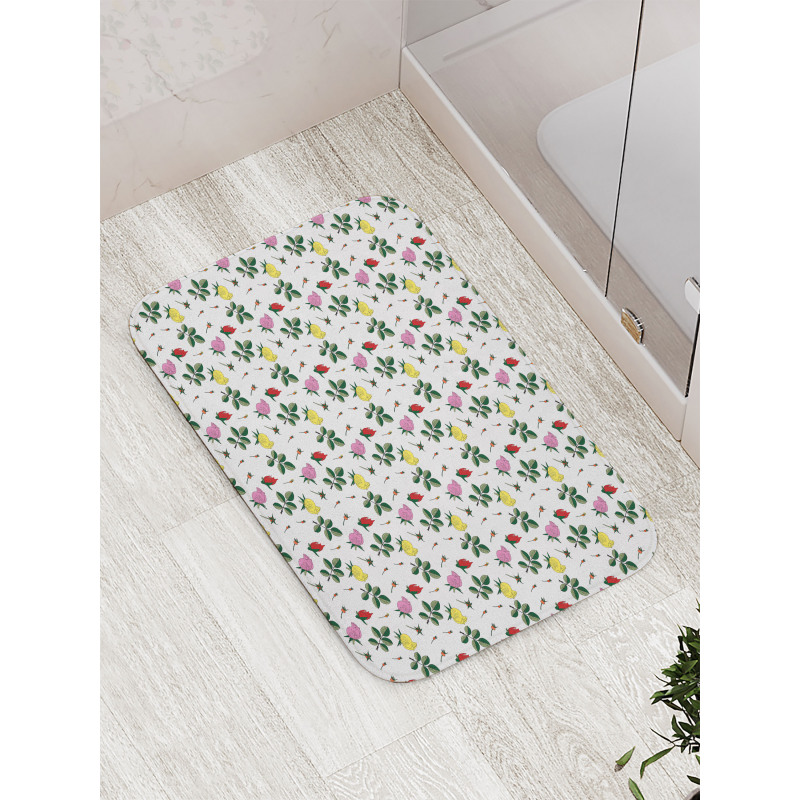 Colorful Rose Buds Leaves Bath Mat