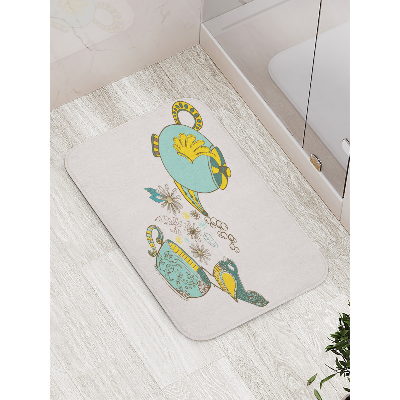 Bird Flowers Winged Pot Art Bath Mat