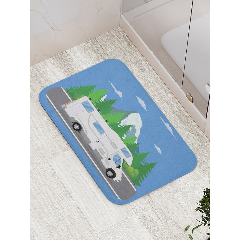 Retro Trailer on Road Forest Bath Mat