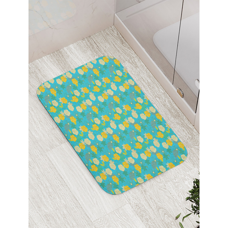 Flowers on Blue Pattern Bath Mat