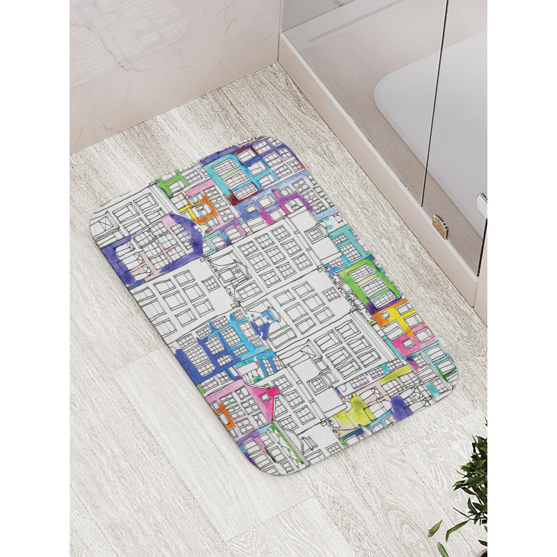 Watercolor Sketch Houses Bath Mat