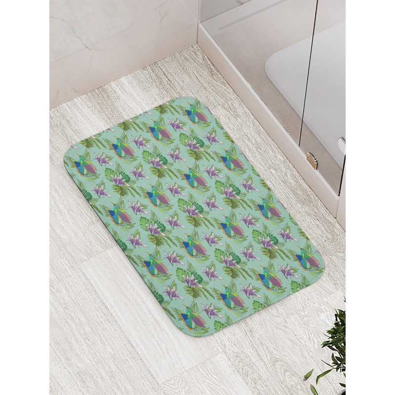 Hummingbird Monstera Leaves Bath Mat