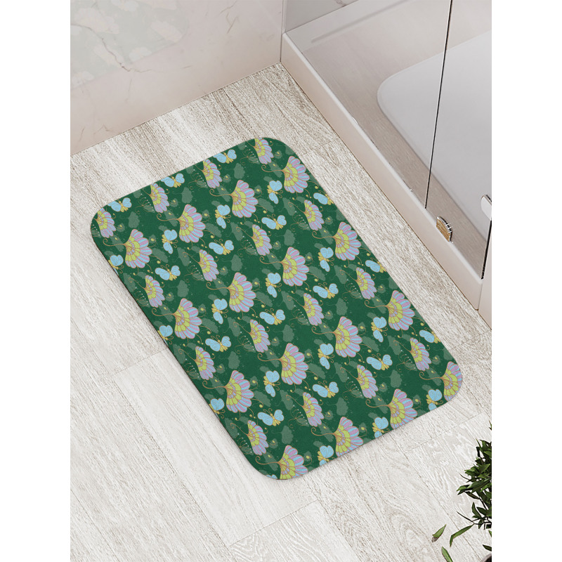 Cartoonish Flowers Butterfly Bath Mat