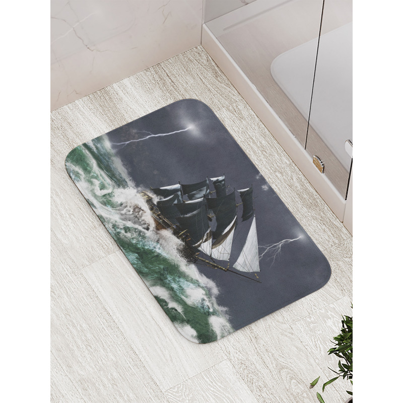 Storm Ship on Wavy Ocean Bath Mat