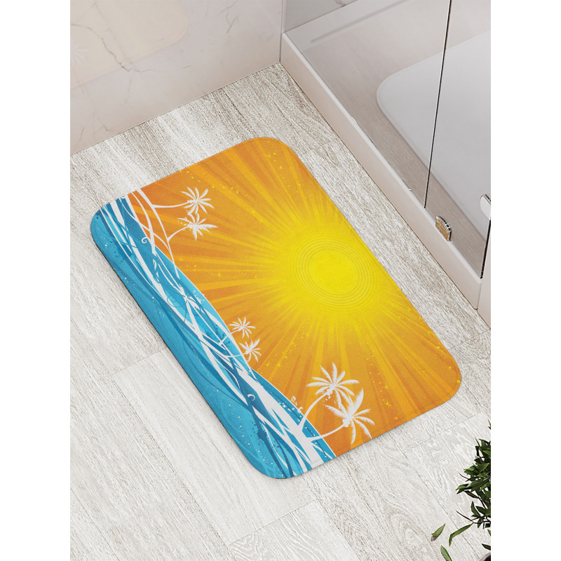 Wavy Ocean Palm Trees Lines Bath Mat