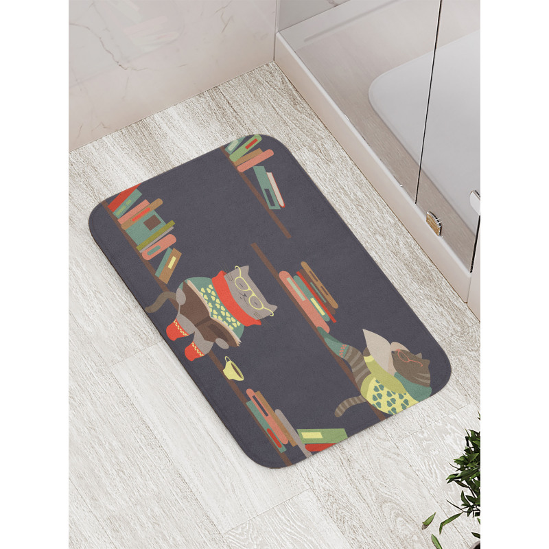 Funny Bookshelf Cat Reading Bath Mat