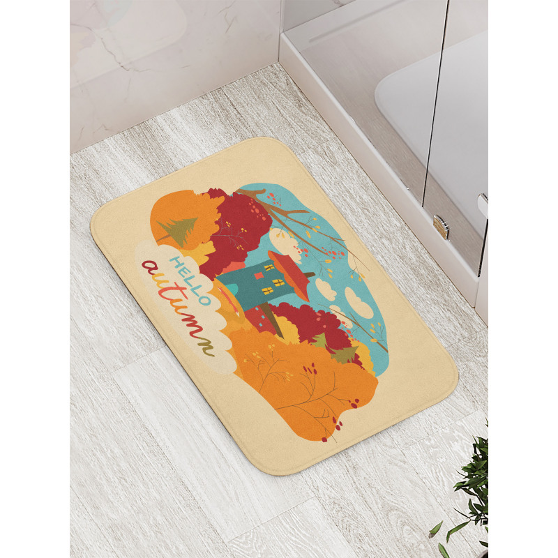 Fall Leaves Trees and House Bath Mat