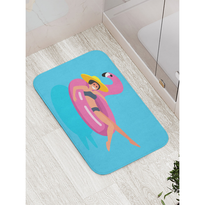 Woman on Rubber Flamingo Bath Mat