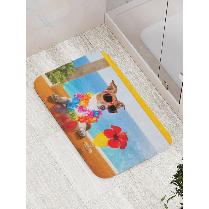 Cool Dog Sitting at Beach Bar Bath Mat