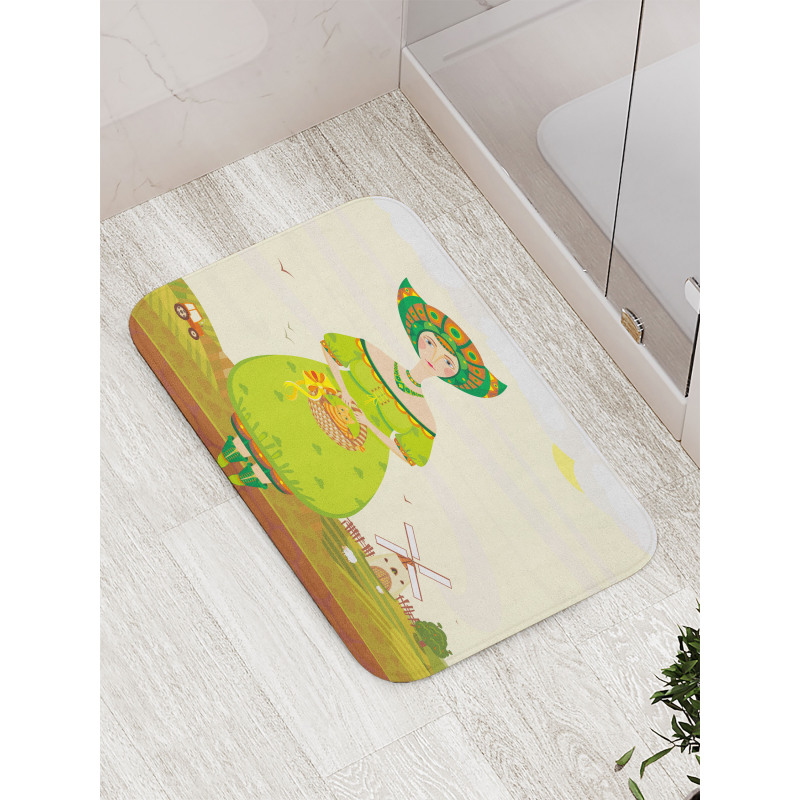 Girl and Kitten in Farm Bath Mat