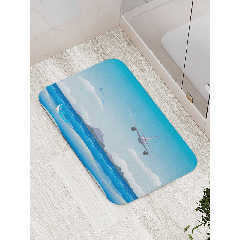 Plane Fly on Sea and Shark Bath Mat