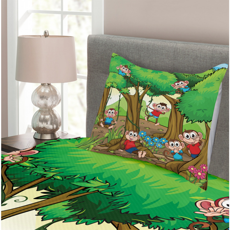 Kid Apes Play in Forest Bedspread Set