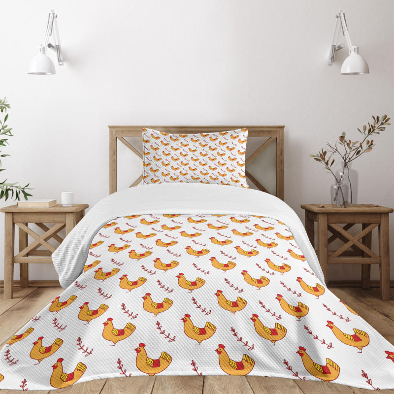 Doodle Chickens and Branches Bedspread Set