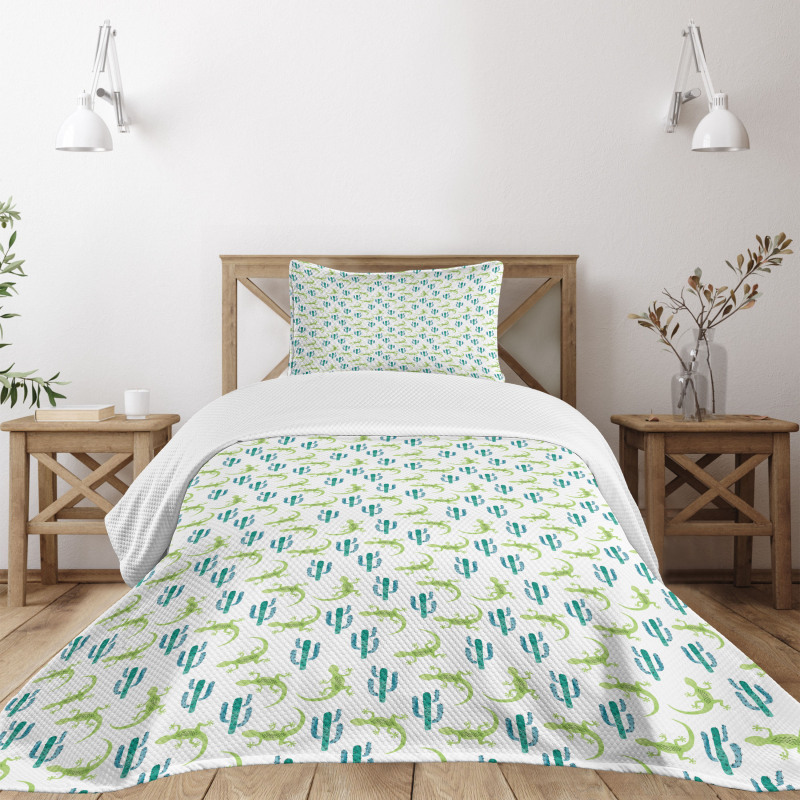 Watercolor Lizards and Cacti Bedspread Set