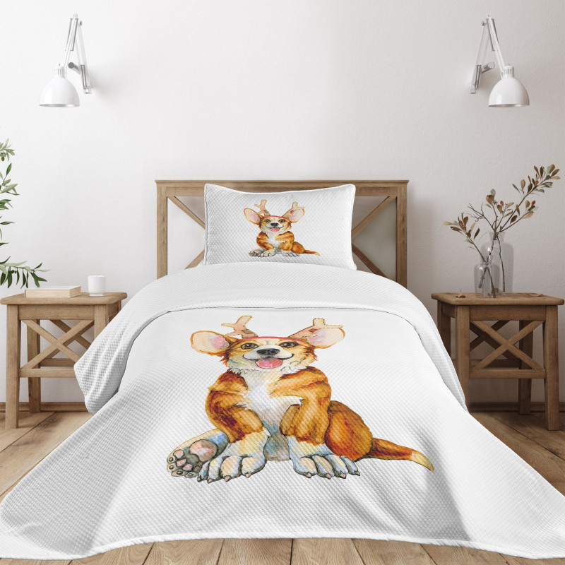 Corgi Dog with Deer Antlers Bedspread Set